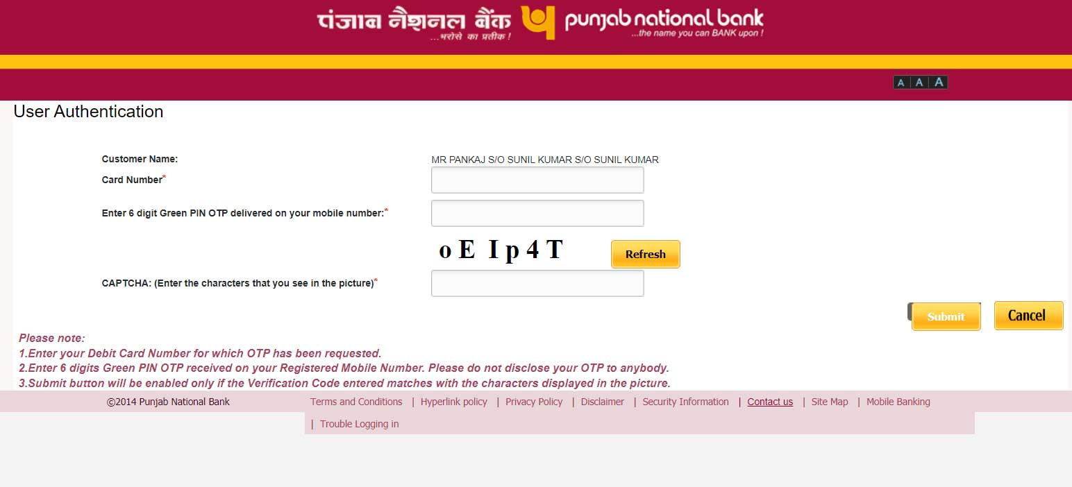 How to reset pnb atm password